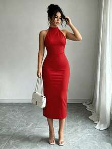 優雅純色性感女款露肩夏季洋裝，適合日常穿著、約會、派對、度假、商務辦公場合 - 紅色 - 查看 3