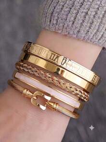 5/1pcsQuiet‑Luxury Stack Bracelet Set, Gold‑Tone Heart Pendant Roman Numeral Zirconia Stainless Steel Bangles For Daily Outfit & Trips - Gold - View 18