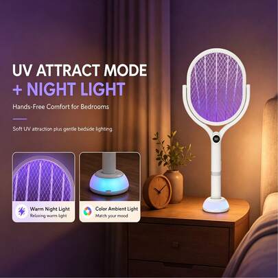 3‑In‑1 Electric Mosquito Swatter, Extendable Bug Zapper Racket With Ambient‑Light Charging Base, USB‑C Powered For Backyard BBQ Camping RV Trips