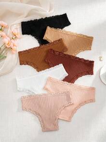 7pcs Women's Solid Color Bow Lace Trim Patchwork Pure Cotton Fabric Comfortable Plus Size Mid-Waist Triangle Panties - Multicolor - View 2