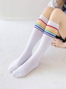 1/2/4 Pairs Women's White Rainbow Pattern Calf Socks - Multicolor - View 5