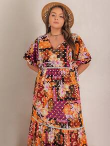 Rusttydustty Plus Size V-Neck Allover Print Short Sleeve Summer Dress - Red - View 5