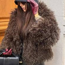 OFTBUY Solid Color Faux Fur Long Sleeve Loose Fit Notch Lapel Short Jacket For Women, Casual Streetwear, Autumn/Winter - Coffee 03 - View 3