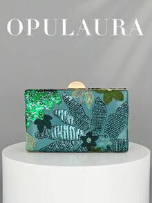 OpulAura 亮片刺绣花卉手拿包，女士时尚亮片拼布手提包，派对晚宴包，随机剪裁，适合女性，适合派对、婚礼、舞会、节日。非常适合派对、婚礼、舞会、晚会等场合，搭配节日派对礼服、晚礼服和亮片服装。 - 綠色 - 查看 10