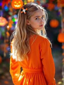 2pcs Halloween Ghost Pumpkin Hair Clips Grosgrain Ribbon Flower Decor Alligator Clips Cute Party Daily Hair Barrettes Kids Hair Accessories - Multicolor - View 3