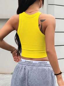 Women's Seamless Knit Sports Tank Top, Built-In Fixed Bra Pads, Ribbed Round Neck Sleeveless Fitness Workout Top - Yellow - View 3