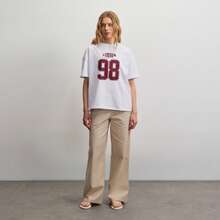 Oversized Unisex Cotton Blend T-Shirt, Crew Neck, Vintage Graphic Print With Letters And Numbers, 90s Retro American College Style, Casual - White - View 3