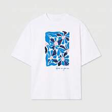 Oversized T-Shirt Crew Neck Short Sleeve Abstract Floral Print Blue Soft Cotton Casual Streetwear - White - View 1