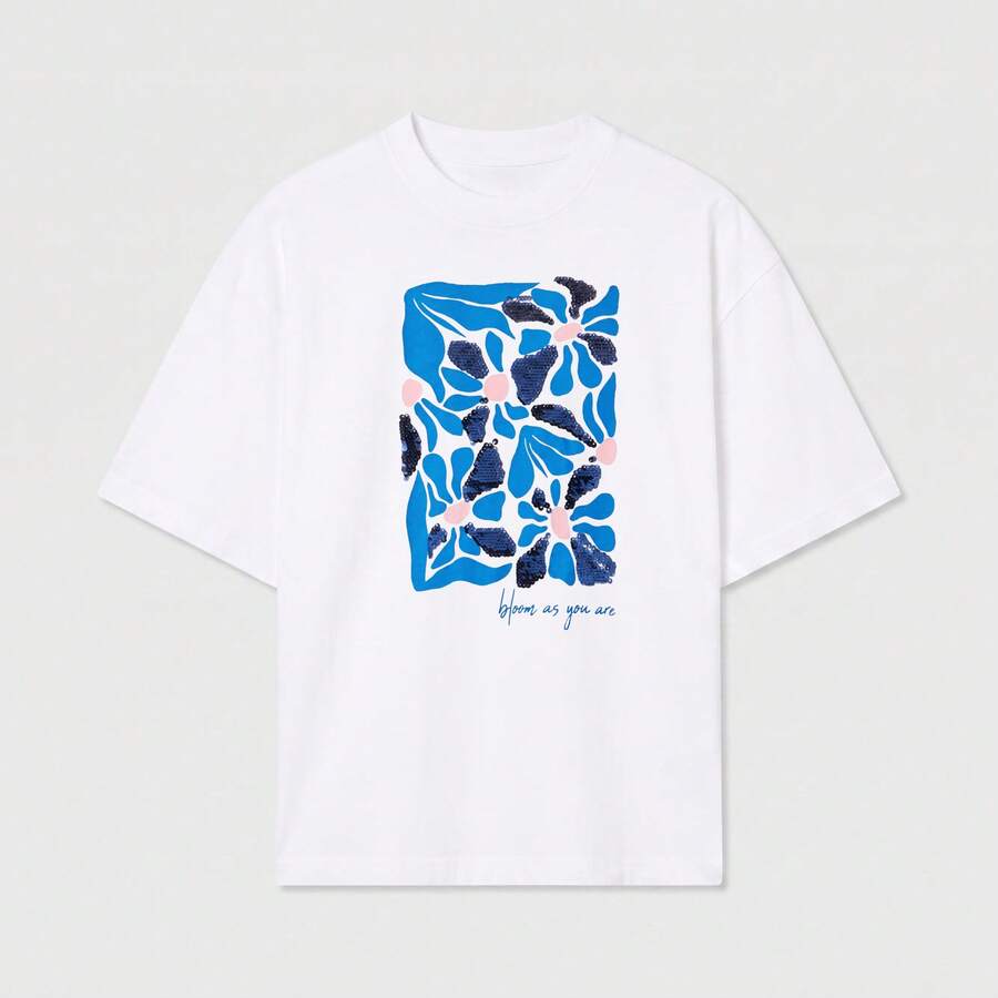 Oversized T-Shirt Crew Neck Short Sleeve Abstract Floral Print Blue Soft Cotton Casual Streetwear - White - View 1