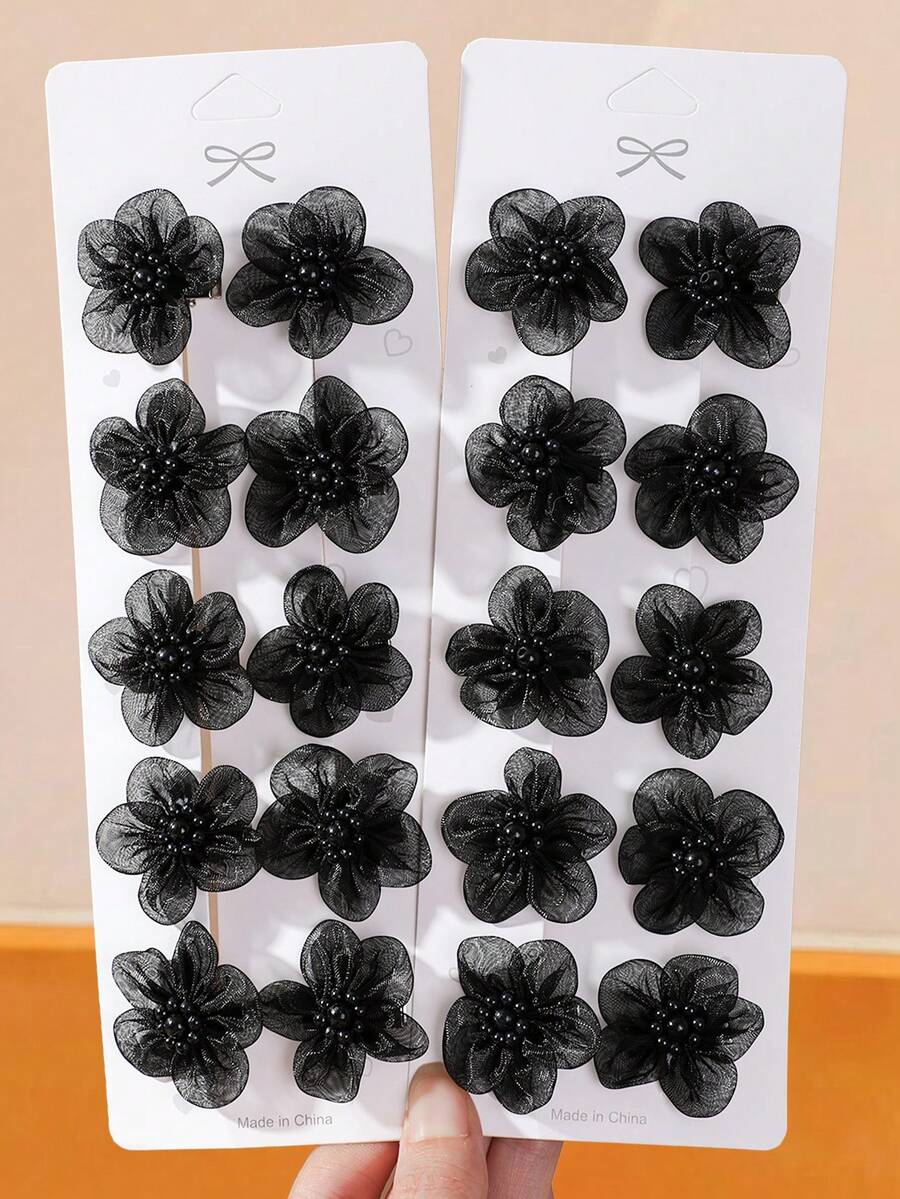 10入女孩黑色花卉小髮夾 女款側瀏海夾 簡約瀏海夾 甜美百搭不傷髮 鱷魚夾側夾 髮飾 適合日常使用與送禮 - 黑色 - 查看 1