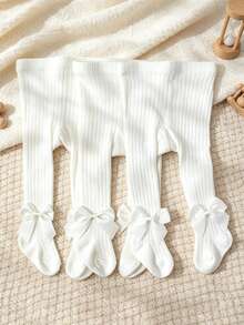 3/1pc Women Baby Bowknot Tights, Spring/Autumn Ribbed Vertical Stripe Leggings, Newborn Infant Princess Style Versatile Elastic Tights - White - View 3