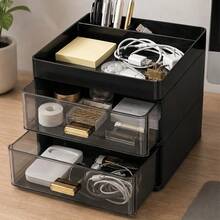 1pc Desktop Storage Box With 2 Transparent Drawers And Top Compartment Tray, Gold Handles, Suitable For Pens, Cosmetics Desktop Organization - Multicolor - View 5