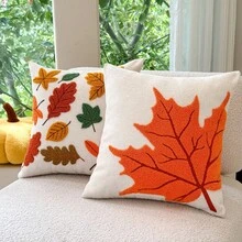 FAUNUS 1pc Chenille Tufted Embroidered Throw Pillow Cover, Autumn Maple Leaf & Oak Leaf Decorative Cushion Case, Thanksgiving Holiday Home Decor For Sofa & Living Room, Pillow Insert Not Included - Autumn Leaves Drifting - View 9