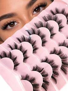7 Pairs Pack False Eyelashes Wispy Lashes D Curl Cat Eye Lashes Fluffy Lashes Clear Band Natural Look Fox Eye Fake Lashes Manga Faux Mink Strip Lashes - Black - View 2