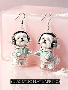 Boucles d'oreilles pendantes en acrylique 2D plates créatives et mignonnes avec chiot écoutant de la musique, chien adorable portant un casque, accessoire polyvalent pour assortir au quotidien - Chien avec casque audio - Voir 6