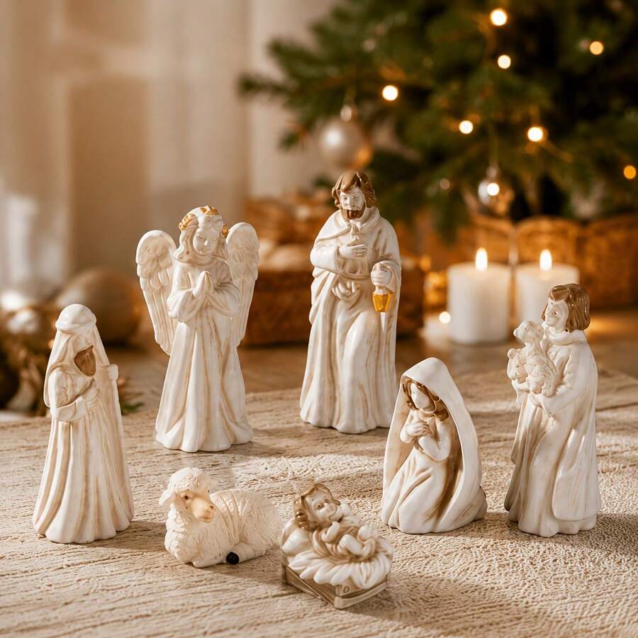 7pcs Classic Christmas Nativity Scene Art Jewelry Set, Durable Resin Material, Suitable For Nursery Decor, Traditional Christmas Gift, Handmade Warm Tone - Multicolor - View 1