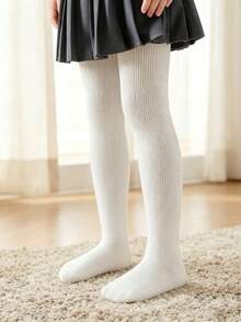[秋冬] 1件女童/嬰兒保暖內裡加厚褲襪，經典純白垂直條紋設計，簡約時尚保暖，柔軟舒適全腳襪，適合0-12歲，秋冬日常/學校/旅行/節日禮物/滑雪運動 - 白色 - 查看 6