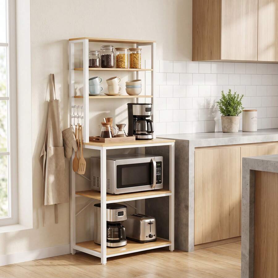 SONGMICS Étagère de Cuisine, Meuble Micro Onde Rangement à 6 Niveaux avec 6 Crochets, 60 x 40 x 167 cm, Chêne Jaune - Chêne jaune - Voir 1