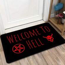 1件裝 暗夜儀式黑色底紅字「Welcome To Hell」手寫主題牛頭與紅星門墊 | 聚酯纖維材質，加厚黏合法蘭絨，0.4英吋厚，580g/Sqm，哥德風美學，適合門廊、入口、車庫 - 紅色 - 查看 4