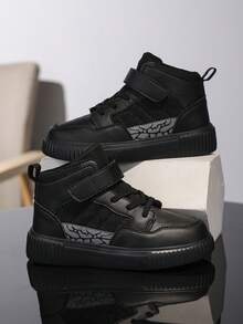 Children's High-Top Sports Skate Shoes, Fashionable Versatile Hook-And-Loop Closure Design, Comfortable Skateboard Shoes For Kids, Stylish Student Versatile Campus Shoes, Reflective Pattern Patchwork Casual Sports Shoes - Black - View 7