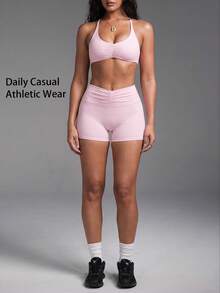 Women's Casual Sports 2 Pieces Set, Ruched Bust Cross Back Sleeveless Top, Ruched Waist Butt-Lifting Tight Shorts, Suitable For Yoga, Daily Wear - Pink - View 8