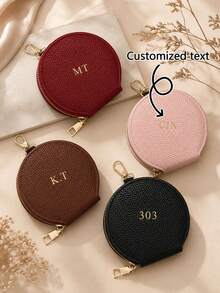 Personalized Leather Earphone Case, Gold Foil Stamping, Custom Name Coin Purse, Round Earphone Storage Case, Mini Keychain Wallet - Pink - View 1