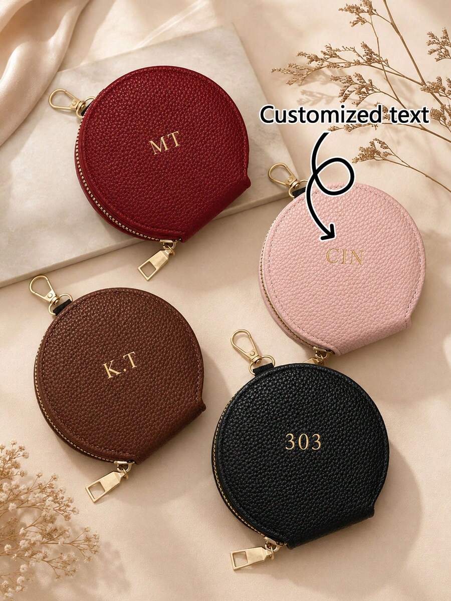 Personalized Leather Earphone Case, Gold Foil Stamping, Custom Name Coin Purse, Round Earphone Storage Case, Mini Keychain Wallet - Pink - View 1