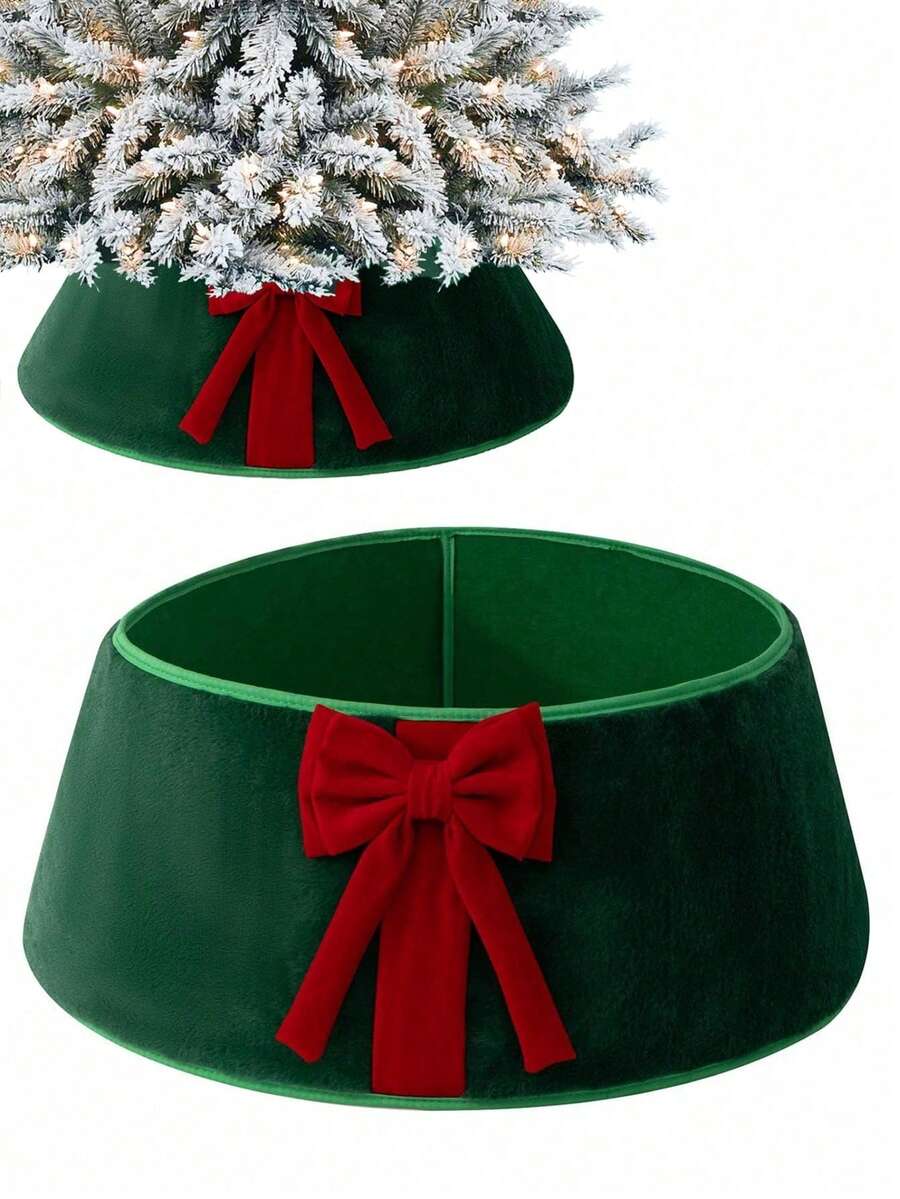 Artificial Christmas Tree Collar, Green Christmas Tree Skirt With Large Red Bow, Suitable For Christmas Party, Tree Decoration And Holiday Home Decor, Perfect Christmas Accessory - one-size - View 1