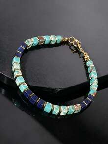 1pc Lapis Lazuli & Shoushan Stone Square Stone Men's Bracelet, Protection & Harmony, Vintage Stackable Crystal Jewelry Git Unisex For All Seasons - Multicolor - View 5