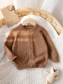 Baby Boy & Girl Minimalist Round Neck Long Sleeve Knit Cardigan Sweater, Solid Color Single-Breasted Casual Versatile Jacket For Daily Wear, School, Spring, Autumn, Winter - Brown - View 1