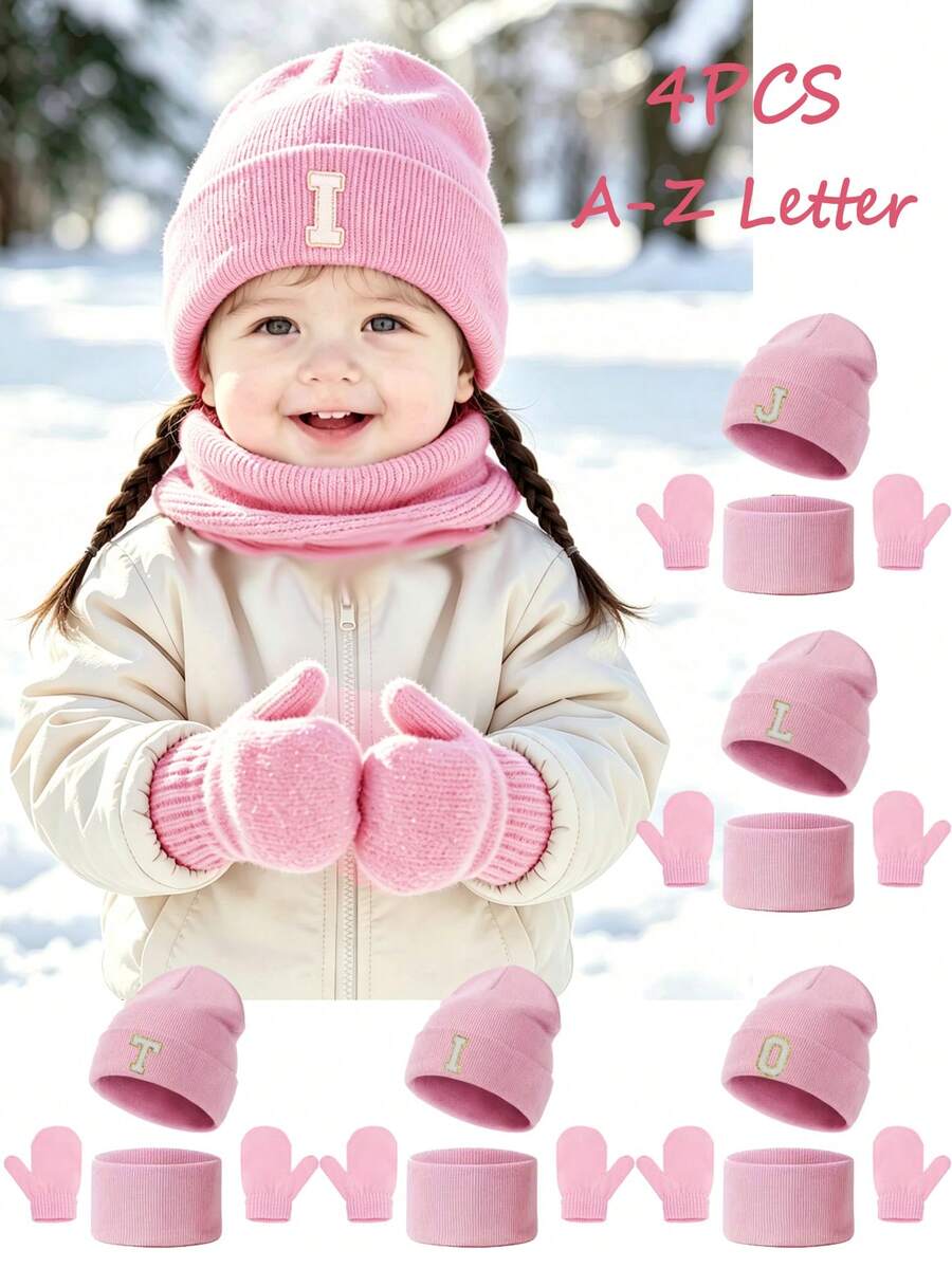 4pcs Set 26 Alphabet Children Hat Scarf Gloves Set, Knitted Gloves Scarf Children Knitted Hat, Warm Combination, Multi-Color Soft Skin-Friendly, Winter Outdoor Outfit - Pink - View 1