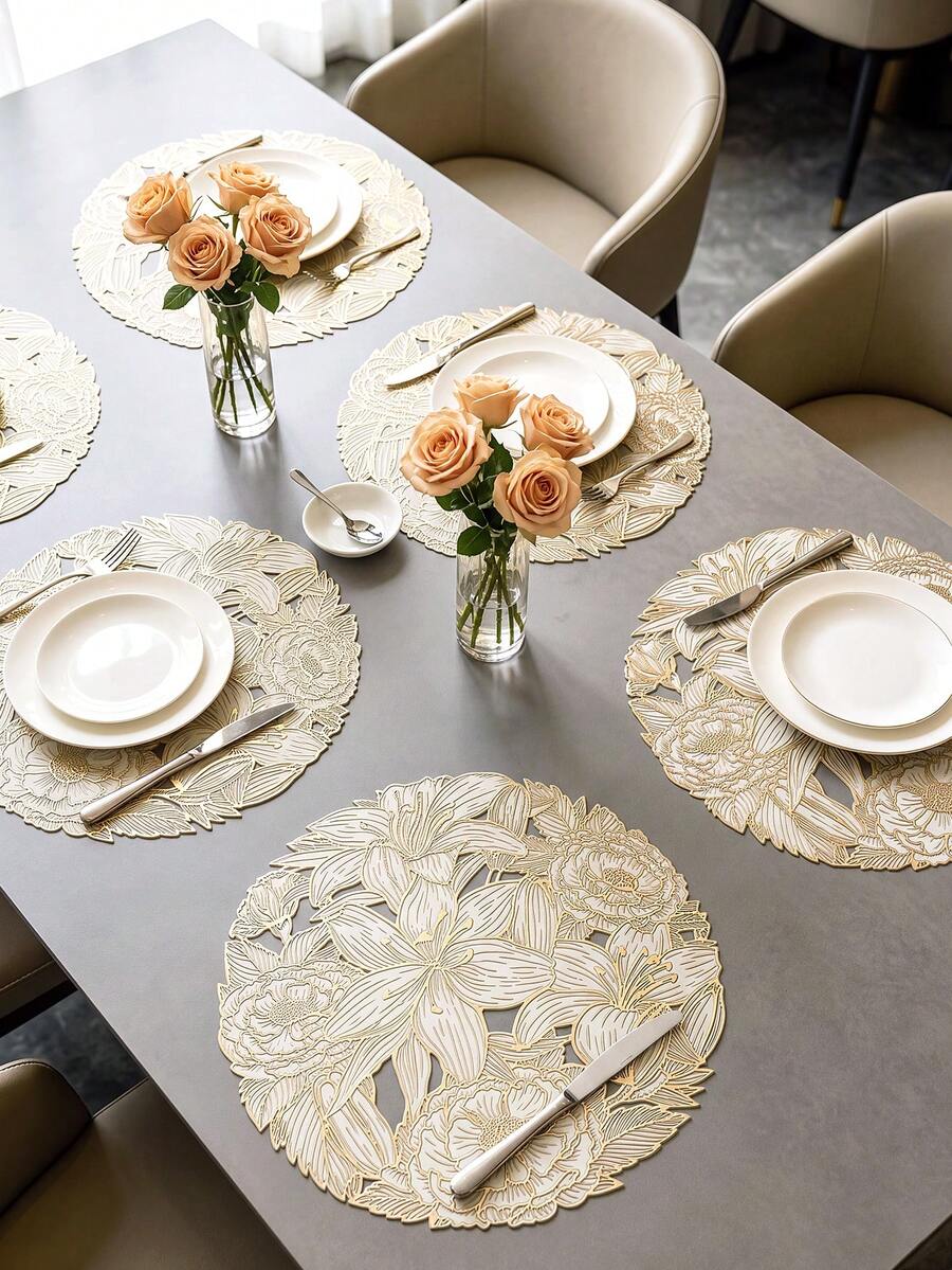 12 buah Alas Piring Gold Lily, Bahan PVC Bulat Mewah Gaya Romantis, Alas Penghangat, Alas Vas Cantik, Dapat Dicuci, Mudah Dibersihkan, Dapat Dilap, Anti Selip, Tahan Panas, Cocok Untuk Dekorasi Ruangan, Dekorasi Meja Makan Rumah, Dekorasi Rumah, Festival, Pesta, Ulang Tahun, Pernikahan dan Jamuan Makan Malam - MultiWarna - View 1