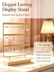 1pc Neutral Detachable Pendant Necklace Display Stand (Wooden Base), Multi-Row Jewelry Storage Rack, Suitable For Earrings, Jewelry, Hoop Earrings And Pendant Earrings, Can Be Placed On Vanity, Suitable For Bedroom And Vanity Use - Gold - View 8