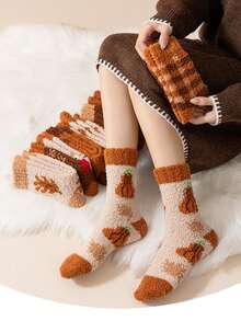 Random 1/3/5 Pairs Non-Shedding Coral Fleece Socks For Women, Turkey Half-Fleece Thickened Half-Sleep Mid-Calf Socks - Multicolor - View 2