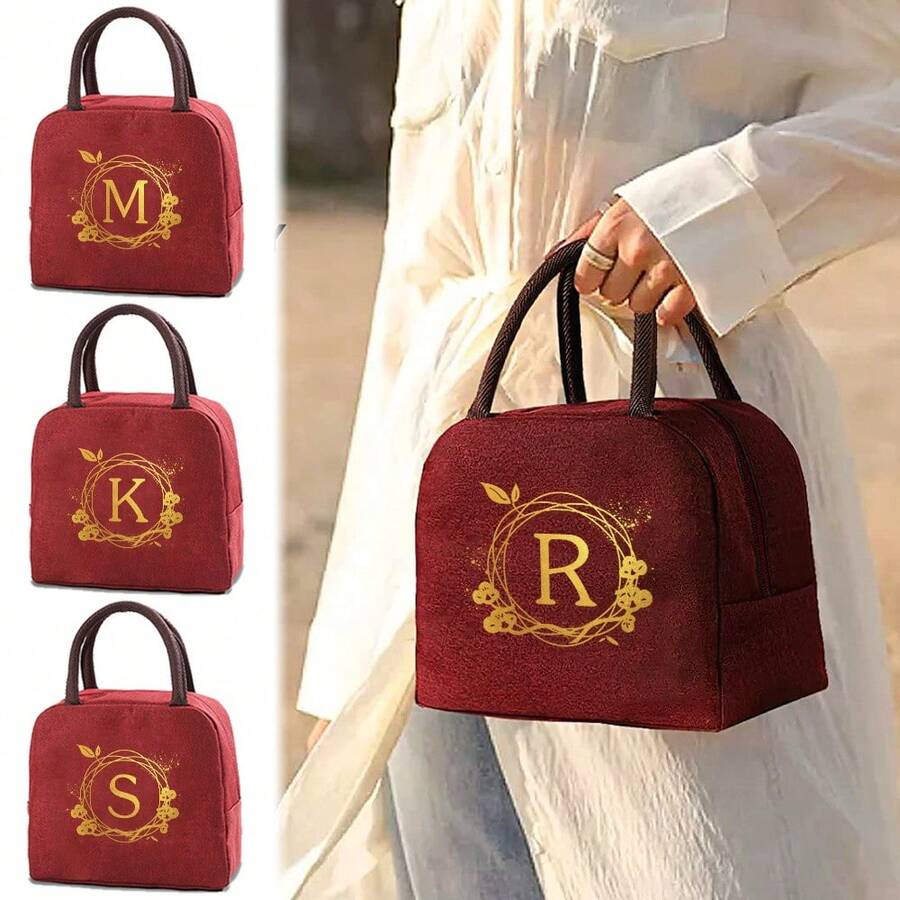 Thermal Insulation Lunch Bag With Built In Aluminum Foil Thermal Insulation Bento Bag Large Capacity Portable And Easy To Carry Suitable For Students Office Picnics Outdoor Activities Initial Name 26 Letters Pattern - Red - View 1