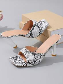 Sepatu hak tinggi model selop terbuka persegi untuk wanita, cocok untuk pesta, kencan, dan kegiatan sehari-hari. - Hitam dan Putih - View 6