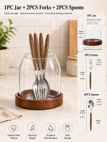1pc Glass Kitchen Utensil Holder, Solid Wood Base, Open-Top Kitchen Utensil Storage Can, Suitable For Forks, Spoons, Chopsticks And Small Tools, Transparent Or Amber Color Optional, Suitable For Countertop, Dining Table, Dorm And Daily Home Storage, Utensils Not Included - View 13