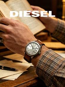 DIESEL DZ5502 Vintage Workwear Men's Watch, Silver-Grey Large Number Dial, Distressed Brown Leather Casual Wristwatch - Silver - View 5