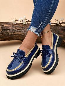 1 Pair Ladies Blue Bow Decor Two Tone Platform Loafers, Spring Autumn Daily Footwear - Blue - View 1