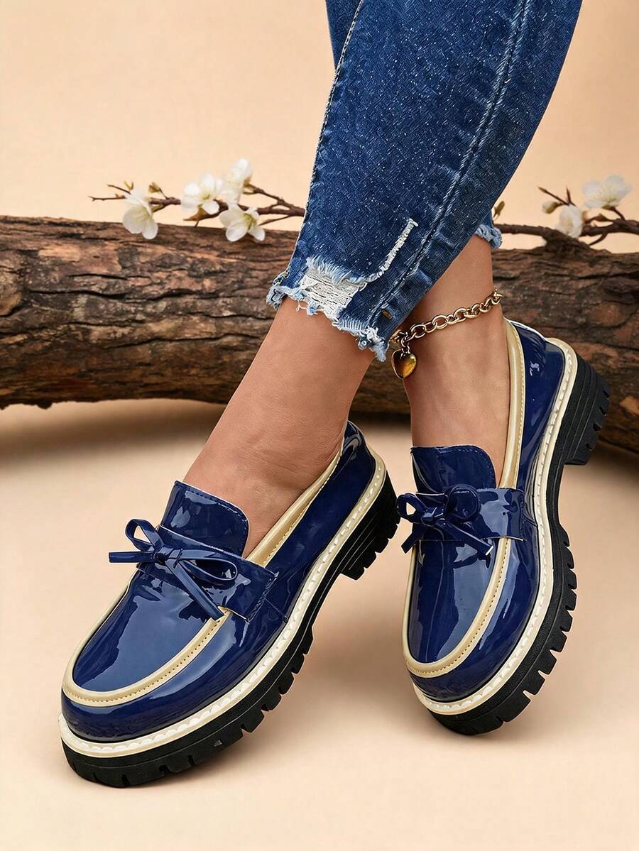 1 Pair Ladies Blue Bow Decor Two Tone Platform Loafers, Spring Autumn Daily Footwear - Blue - View 1