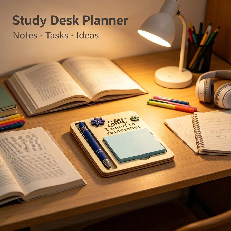 Funny Wooden Sticky Note Holder With Pen Slot, "The  I Need To Remember" Desktop Memo Pad Organizer Office Desk Decor Novelty Gift - Blue - View 1