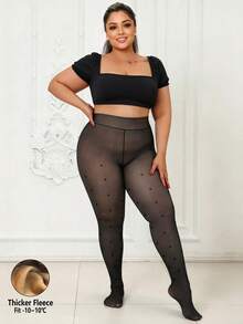 1 Pair 300g Plus Size Autumn/Winter Fleece Lined Black Sheer Women's Leggings, Polka Dot & Heart Pattern Soft Elastic Tights, All-Match Versatile Thickened Base Layer, Suitable For Daily Wear, Office, Party, Halloween, Christmas, Temperature 5~15°C - Black - View 1