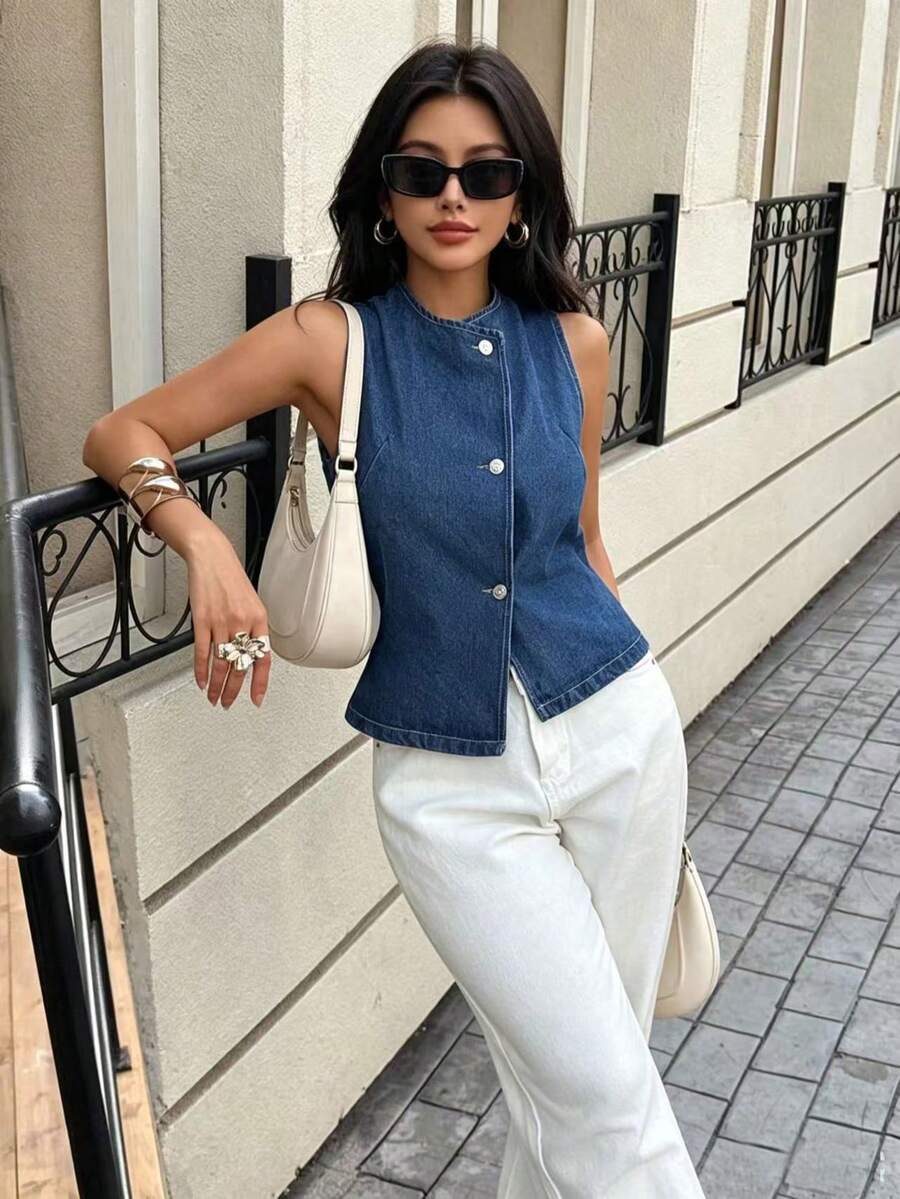 DEEKA Spring Summer New Fashion Casual Simple Women Denim Vest - Blue - View 1