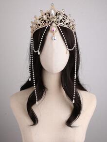 Bridal Crown Headband Luxury Gold Pearl Rhinestone Forehead Chain Tassel Vintage Royal Princess Wedding Headpiece For Prom Pageant Party - Multicolor - View 7