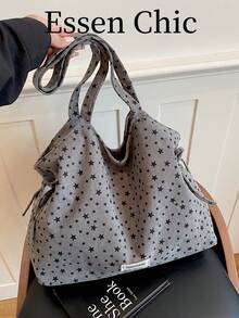 1 buah Tas Tote Corduroy Kapasitas Besar Motif Bintang Abu-abu untuk Wanita - Grey - View 8