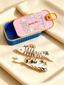 Jewelry Storage Box, Cute Jellyfish & Shell Print Small Accessory Organizer, Portable Travel Mini Jewelry Box With Fishbone Divider And Snap Closure, Compartmentalized Storage For Earrings, Rings, Necklaces, Suitable For Commuting, Short Trips, Dorm Desk, Vanity Organization, Ideal For Delicate Girls, Students, Jewelry Lovers, Qixi Festival, Birthday, Best Friend Gift, Portable Earring Box, Mini Jewelry Organizer, Cartoon Fishbone Jewelry Box, Travel Small Jewelry Storage Box - Multicolor - View 5