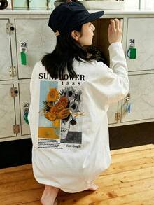 Women's Fashion Autumn/Winter Loose Versatile Letter & Sunflower Print Long Sleeve T-Shirt Casual - White - View 6
