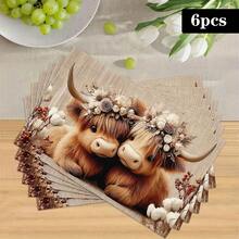 1/4/6pcs Autumn Series Highland Long-Haired Cow Floral Pattern Printed Placemats, Heat-Resistant Table Mats For Home Kitchen/Table Protection, Kitchen Dining Table Party Scene Decoration - Multicolor - View 15