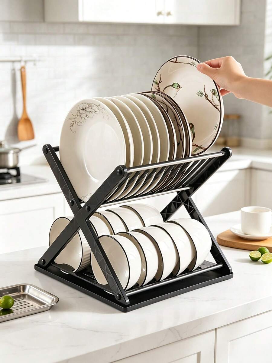 X‑Shaped Double‑Layer Dish Drying Rack, Multi‑Functional Plastic Dish Organizer, Sink Countertop Bowl Plate Drain Storage Rack For Home Kitchen Utensils Organization - Multiple Styles - View 1