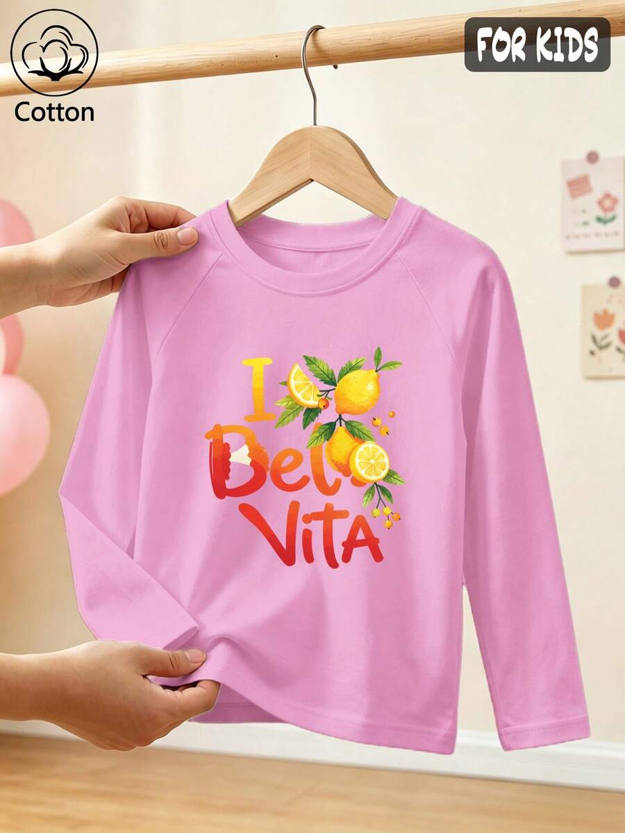 Girls Cotton Raglan Long Sleeve Tee For Fall Winter, Cartoon Lemon Print With 'I Delo Vita' Text, Cute Sweet Preppy Style - Light Wine Red - View 1
